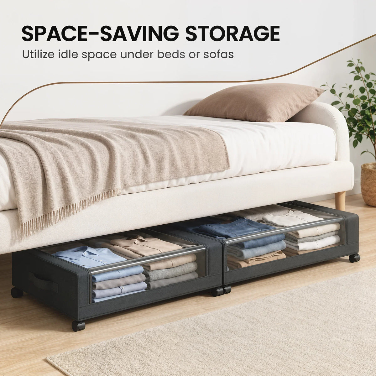 Wheeled storage drawers with clear lids holding folded bedding under bed