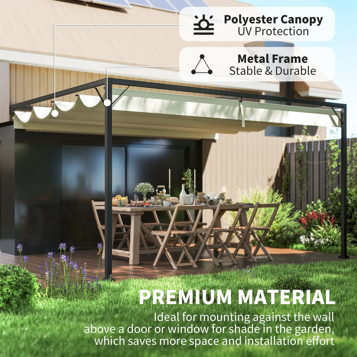Cream polyester canopy on dark metal pergola frame for outdoor wall shade