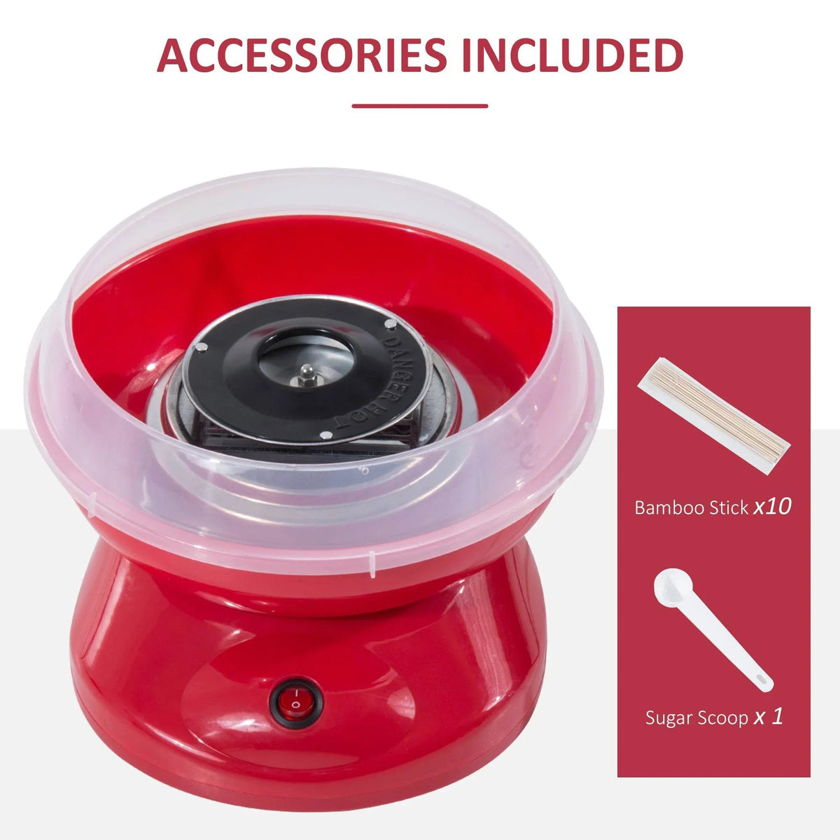 Red cotton candy maker with included bamboo sticks and sugar scoop
