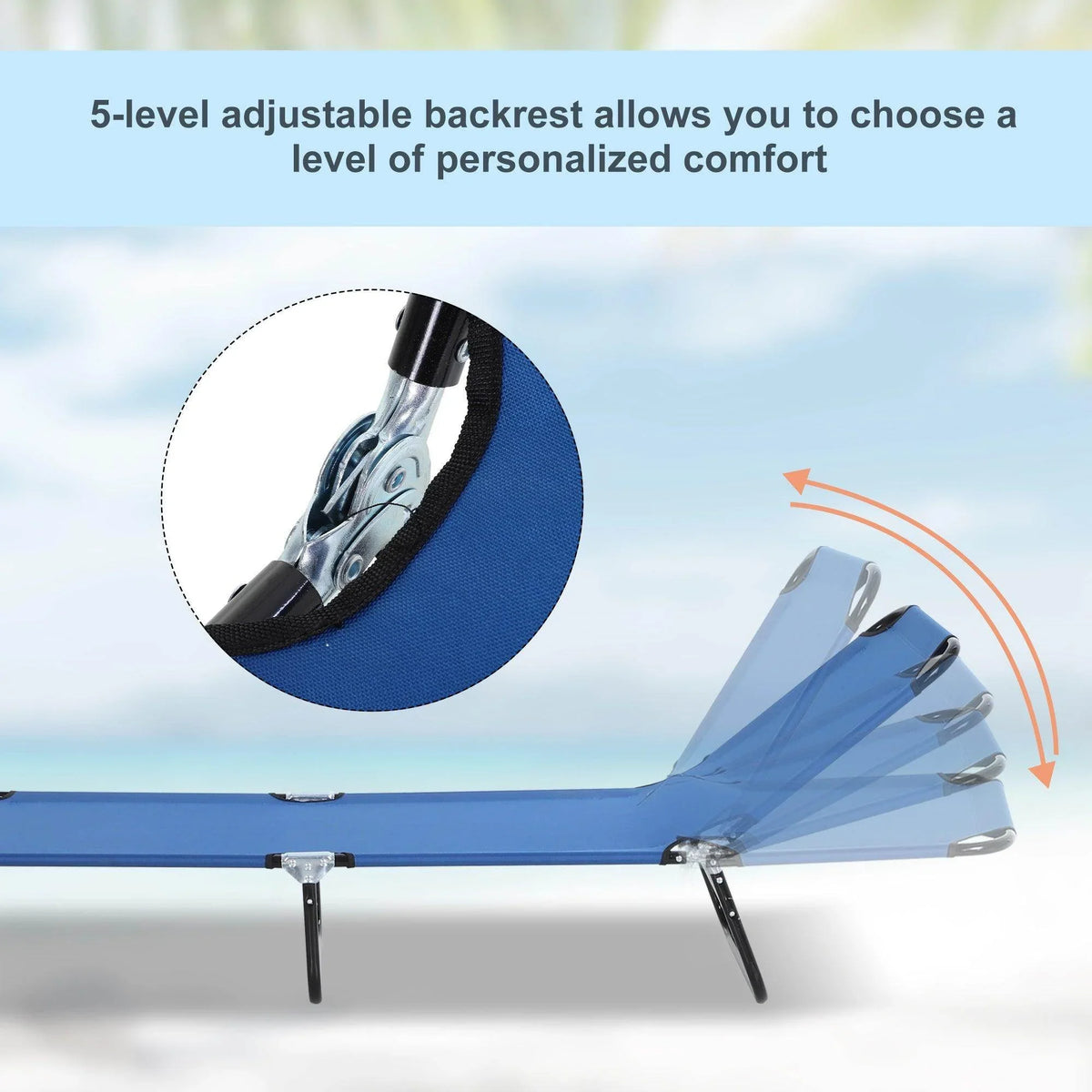 Blue sun lounger with multi-level adjustable backrest mechanism on black metal frame