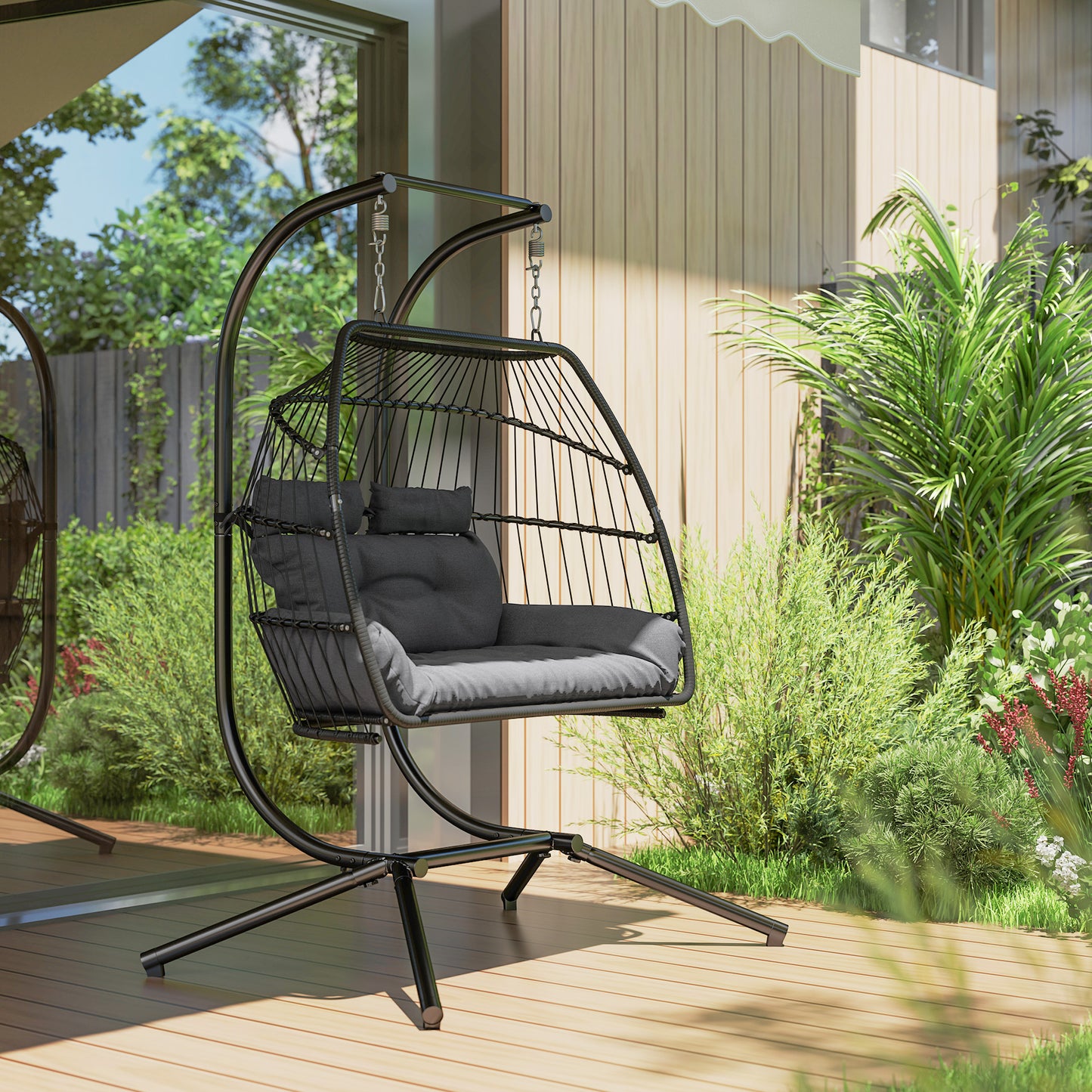 Outsunny Rattan Double Hanging Egg Chair With Stand Foldable Wicker Swing Cushion Pillows For Indoor Outdoor Dark Grey