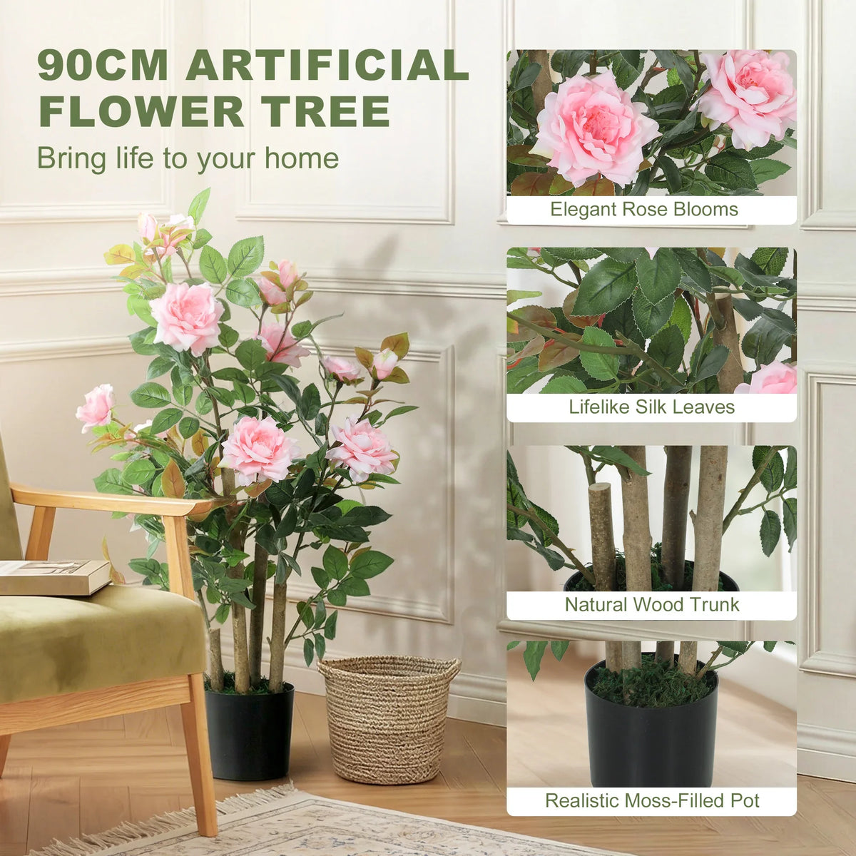 90cm artificial rose flower tree with pink rose blooms and green leaves in pot