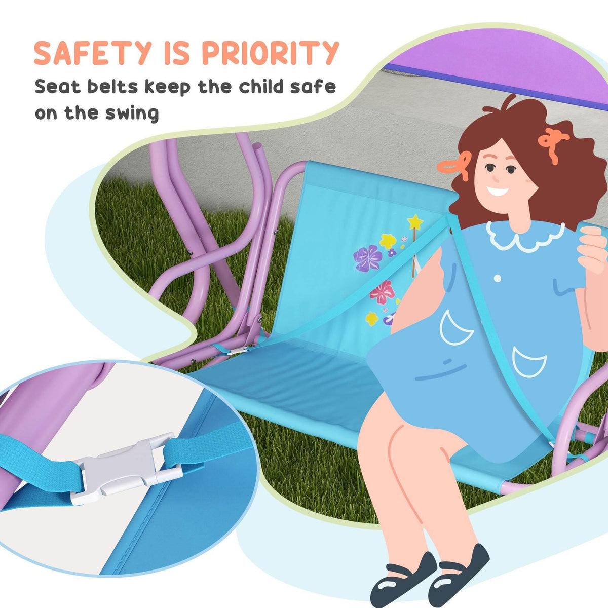 Blue double swing seat with safety belts on purple frame, close-up
