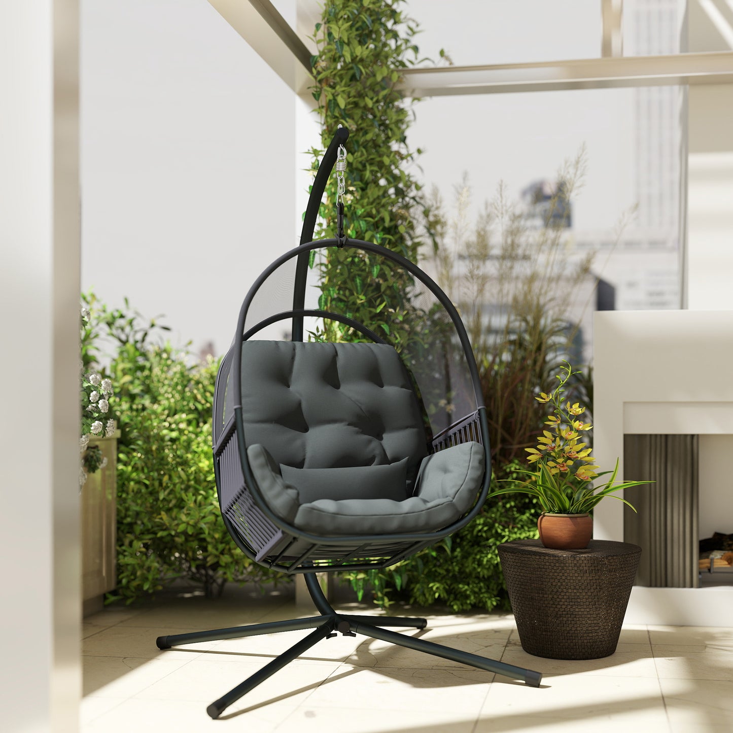 Outsunny Hanging Egg Chair With Cushion For Outdoor Relaxation In Dark Grey With Powder Coated Steel Frame X Leg Design