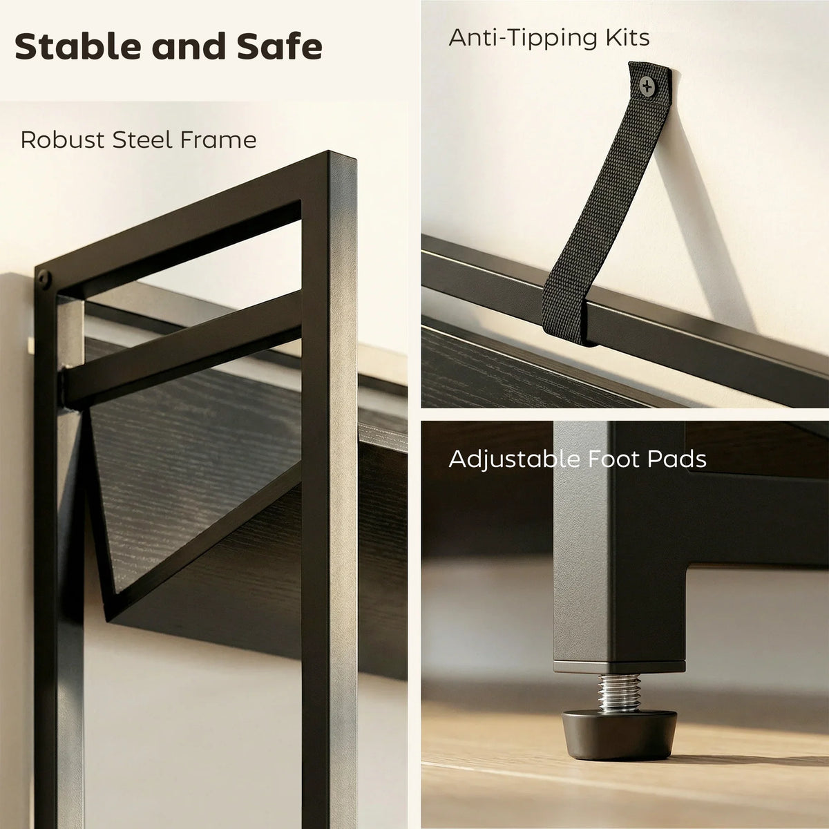 Black steel frame bookcase with anti-tipping strap and adjustable foot pads