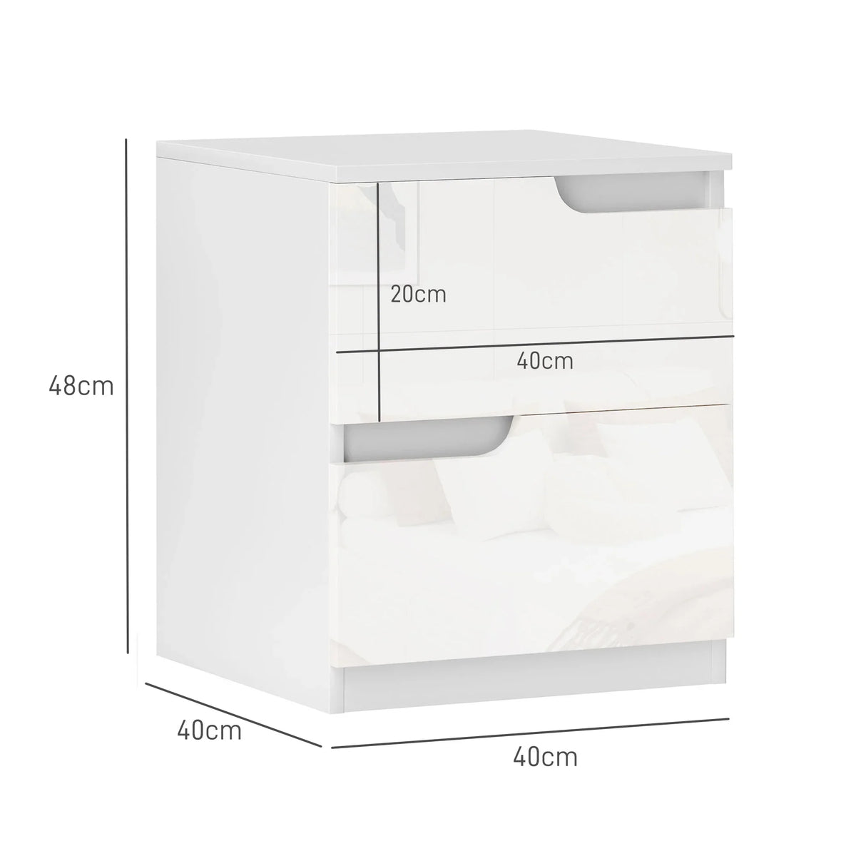 White high-gloss bedside table set of 2, handleless drawers with curved front design