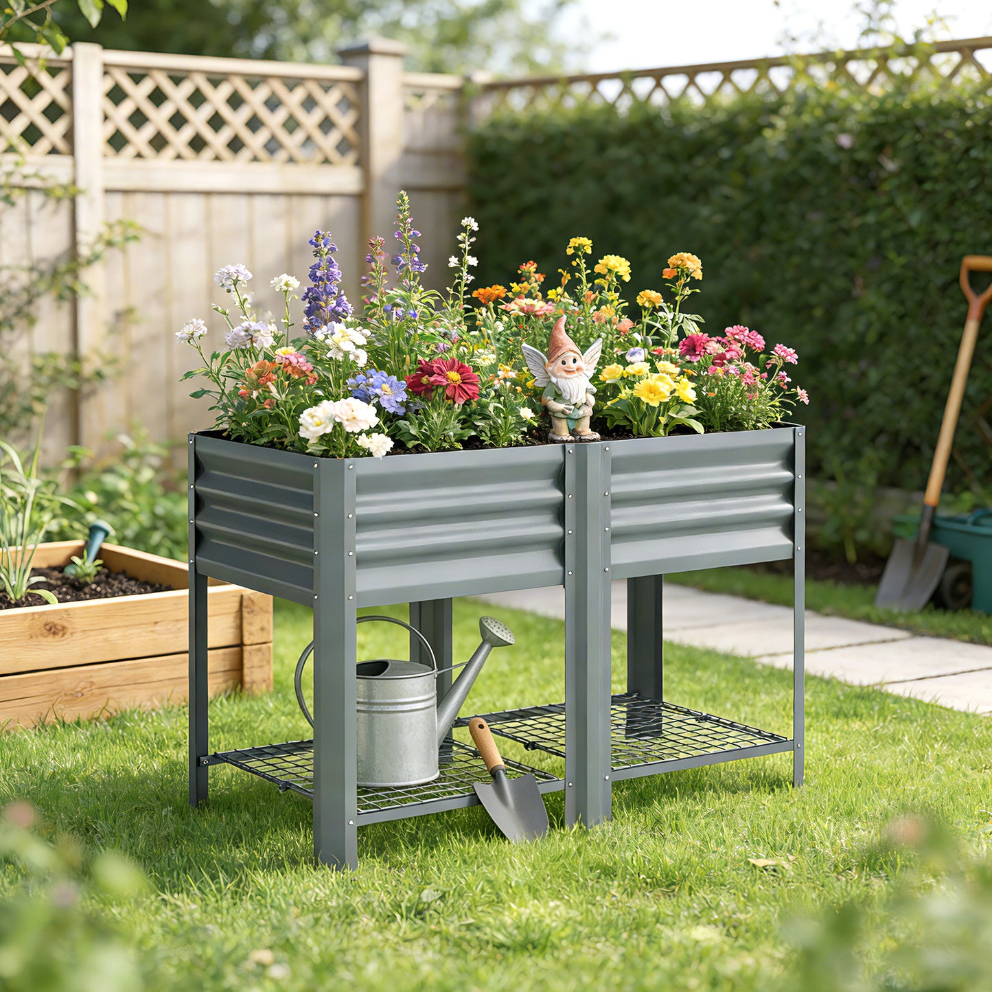 Outsunny Raised Garden Bed With Storage Shelf Steel Elevated Planter Box On Legs For Outdoor Vegetables And Flowers