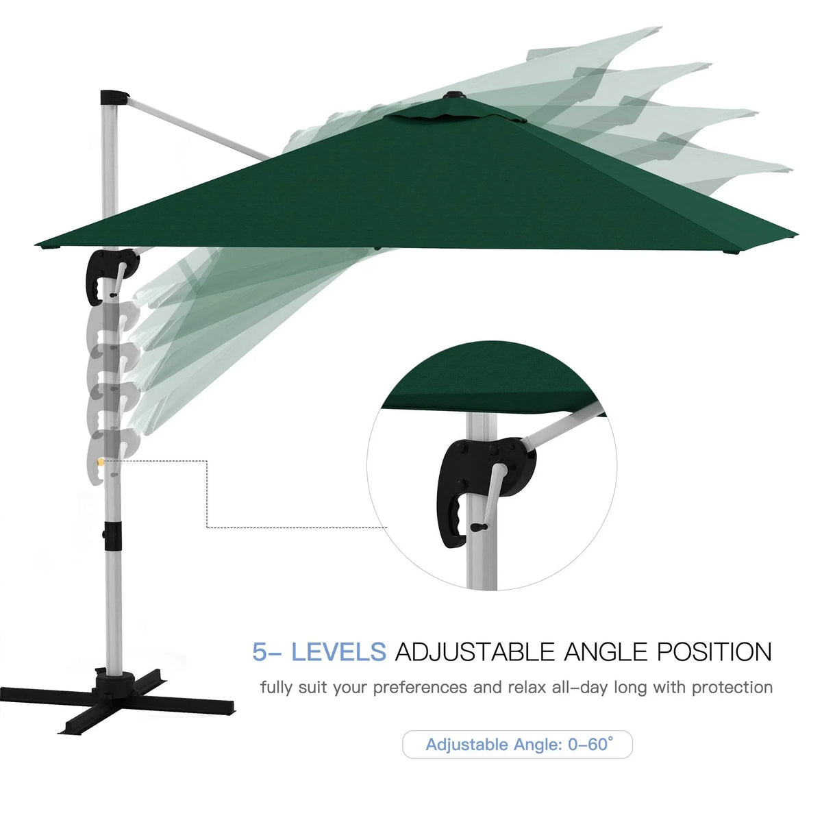 Green cantilever parasol with adjustable tilt joint on the crank pole