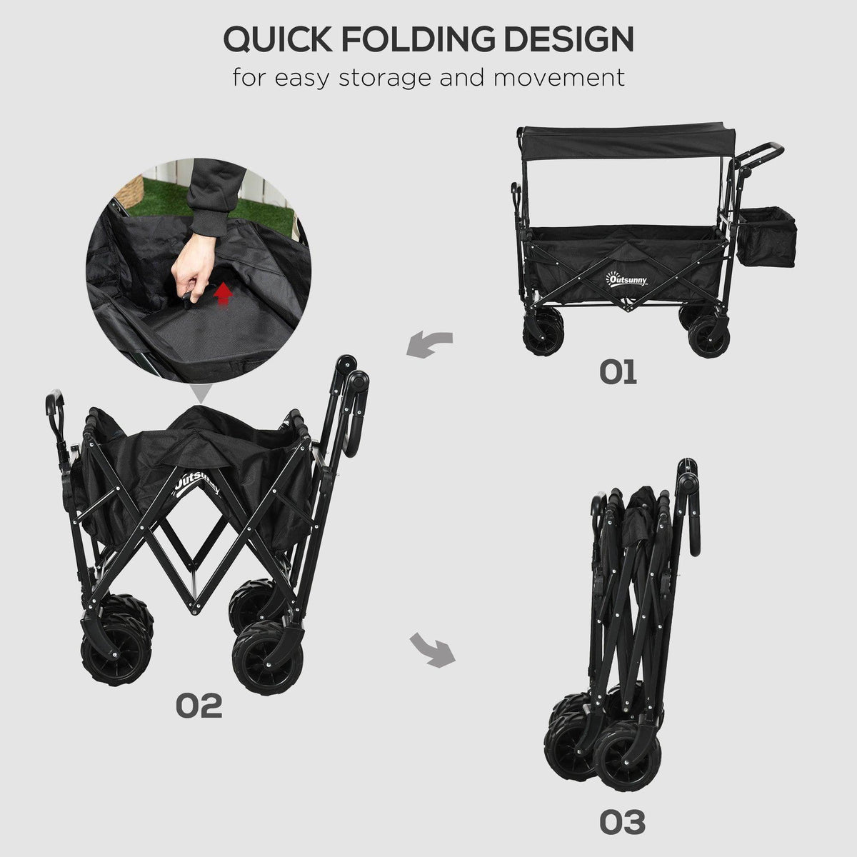 Black folding wagon stroller cart with canopy, front bar, and all-terrain wheels
