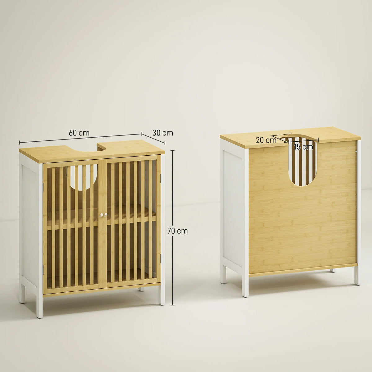 Bamboo under-sink cabinet with slat door and center cutout, white frame