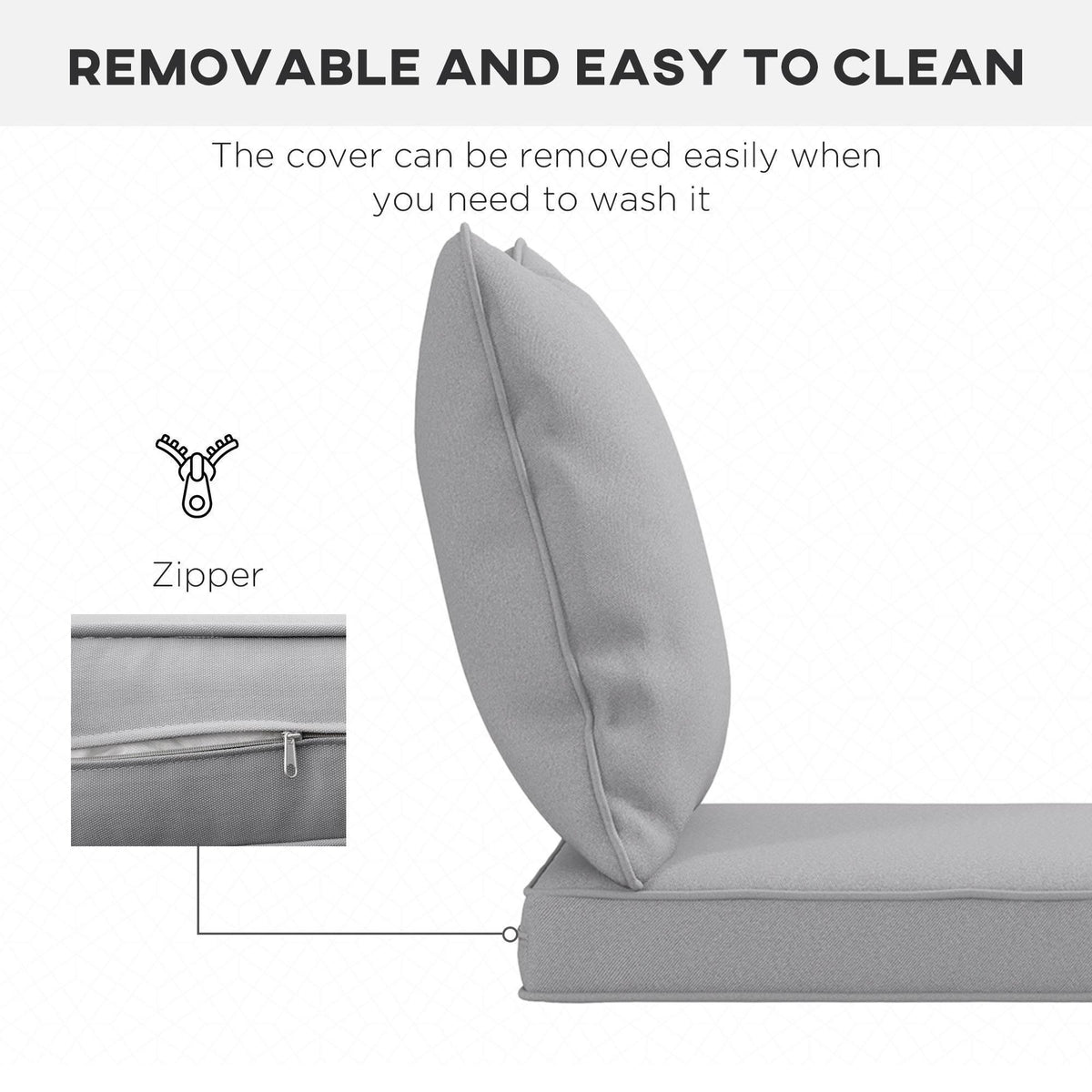 Light grey cushion with removable zippered cover on the side seam