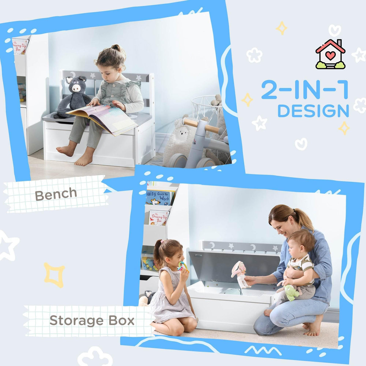 2-in-1 kids storage bench and toy chest with star-and-moon design, white and grey.