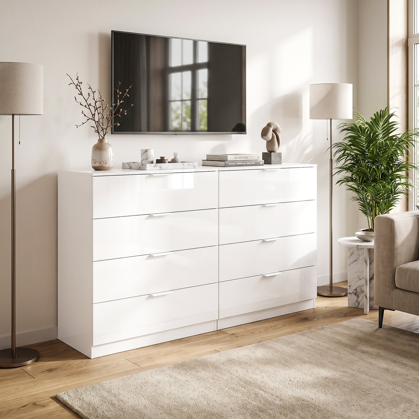 Homcom High Gloss 4 Drawer Chest Of Drawers White Bedroom Storage