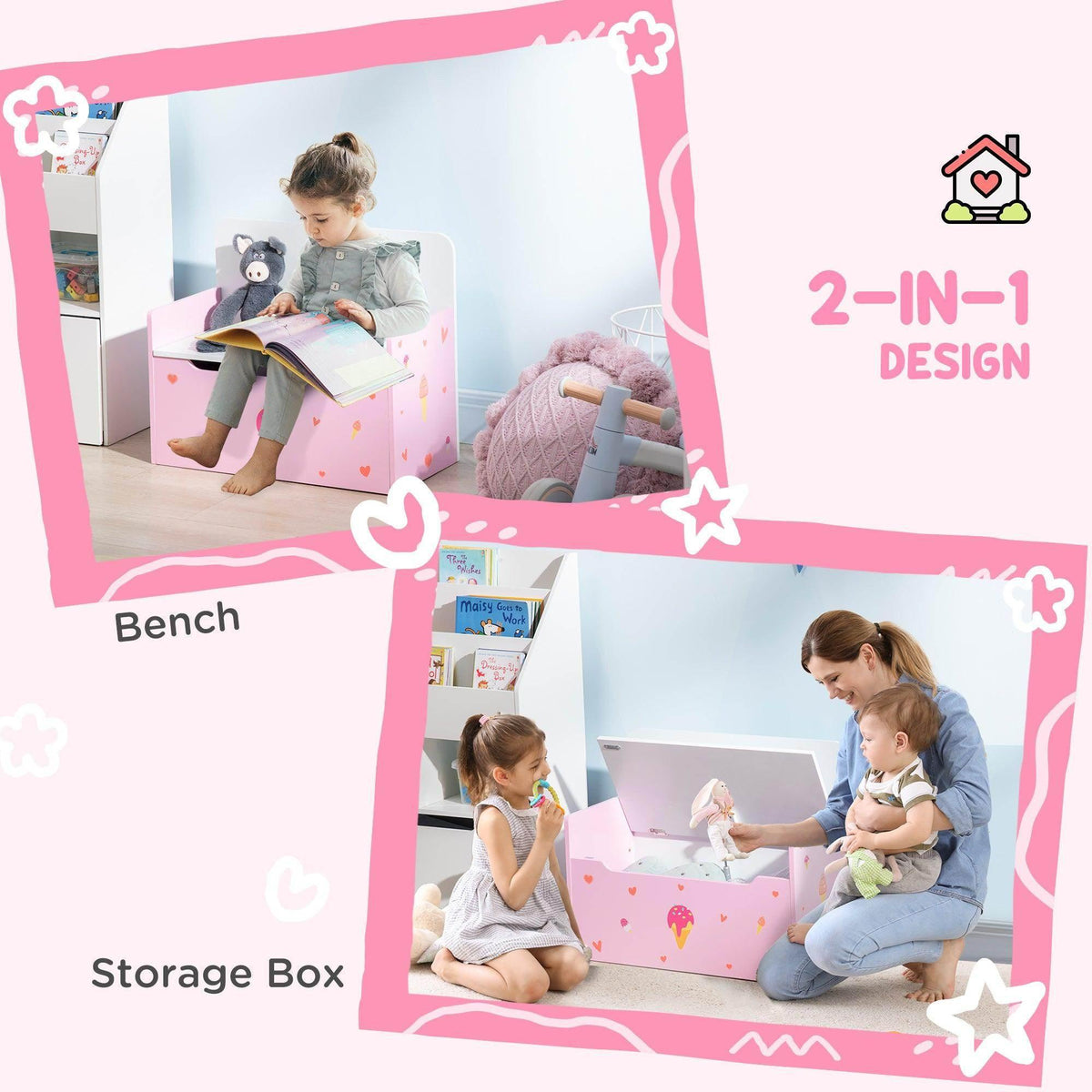 Pink 2-in-1 kids storage box and bench, shown with toy play area