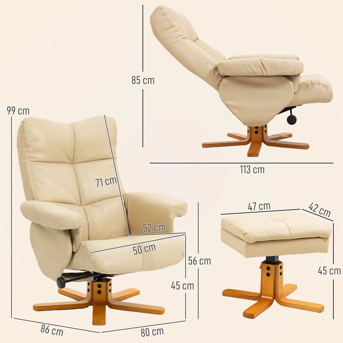 Beige PU leather swivel recliner chair with ottoman, side and top dimensions shown