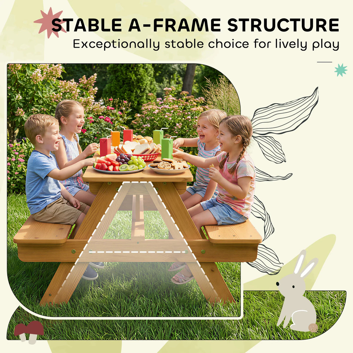 Kids picnic table with integrated benches, sturdy A-frame design with children eating.