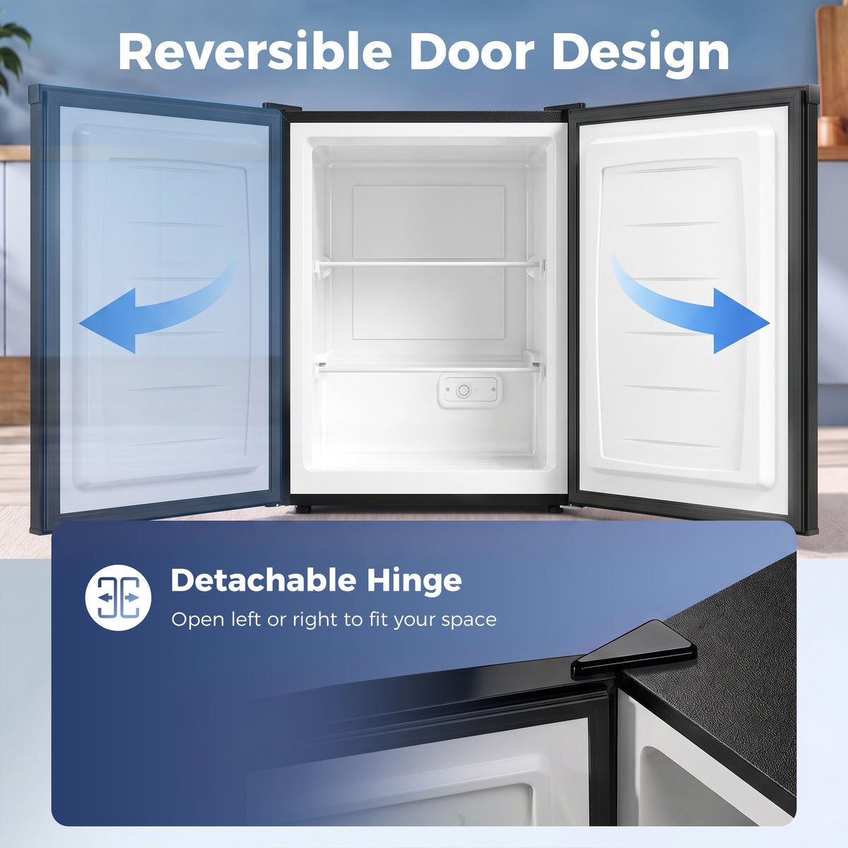 Upright freezer with reversible door open to left and right