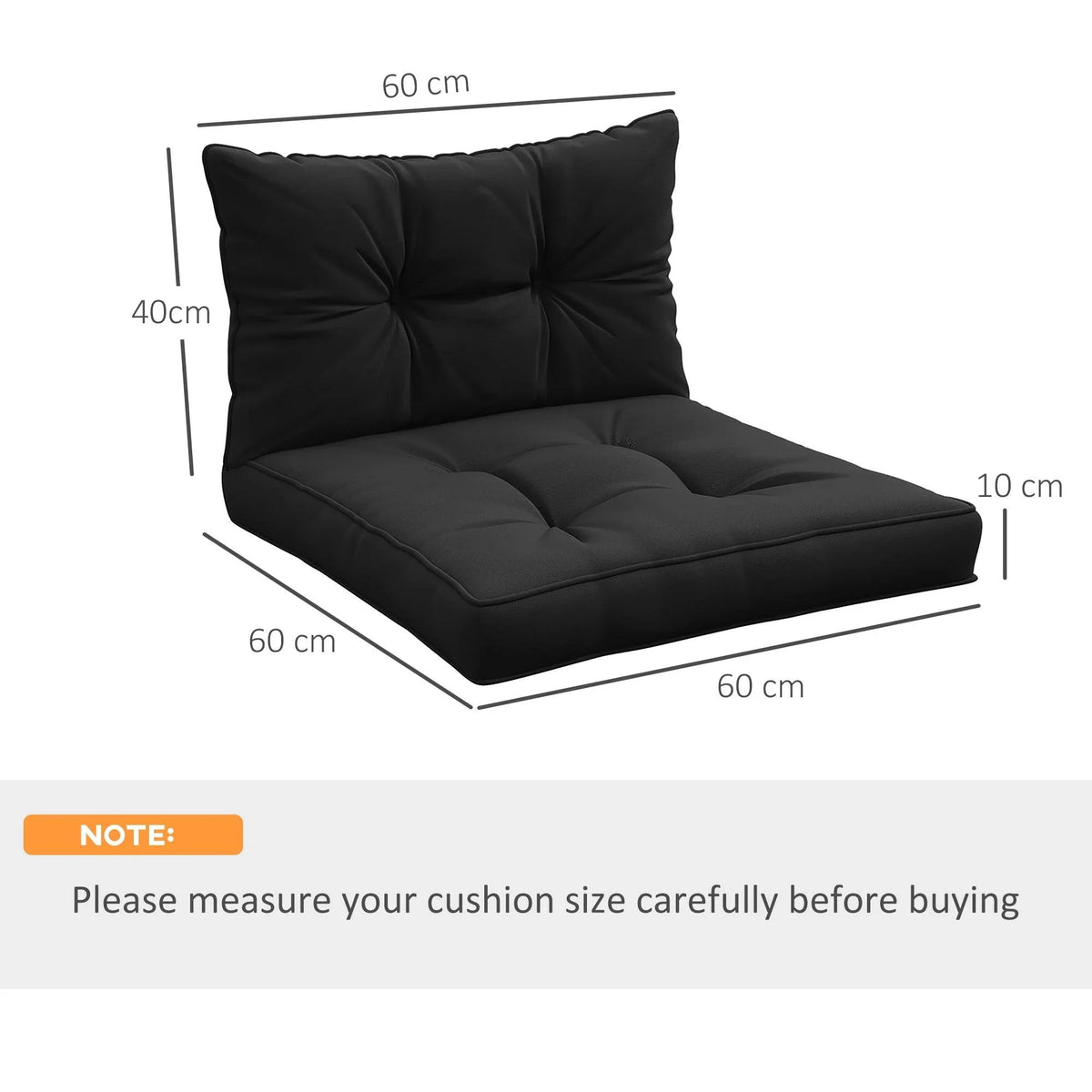 Black tufted seat and back cushion with size labels: 60 x 40 cm, 10 cm thick