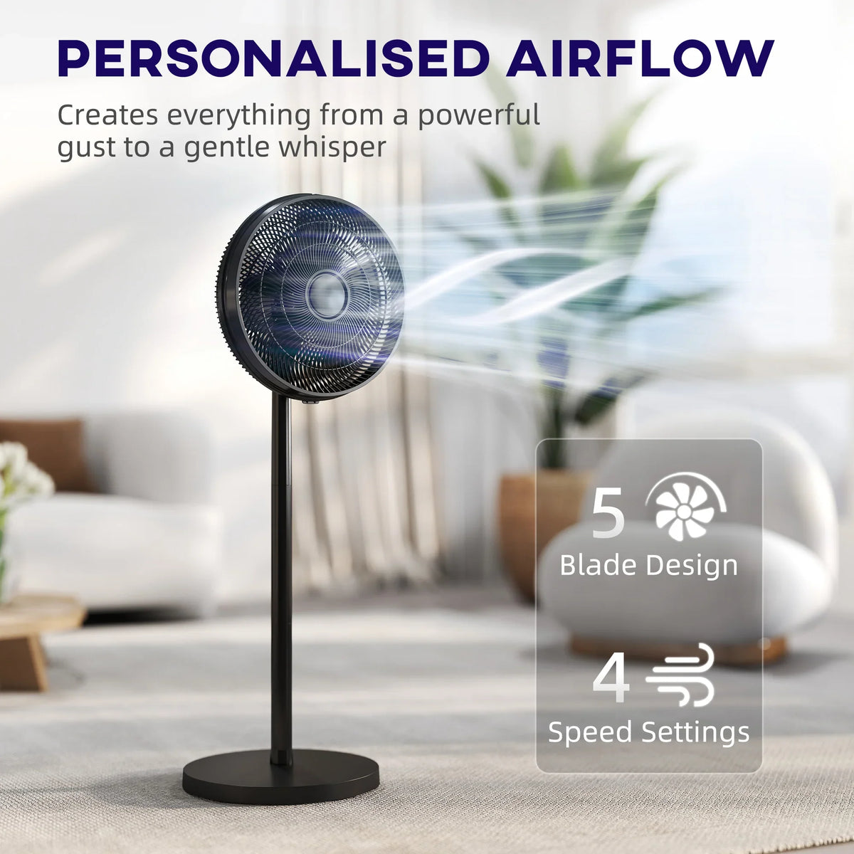 Black standing fan with mesh grille and visible airflow stream direction
