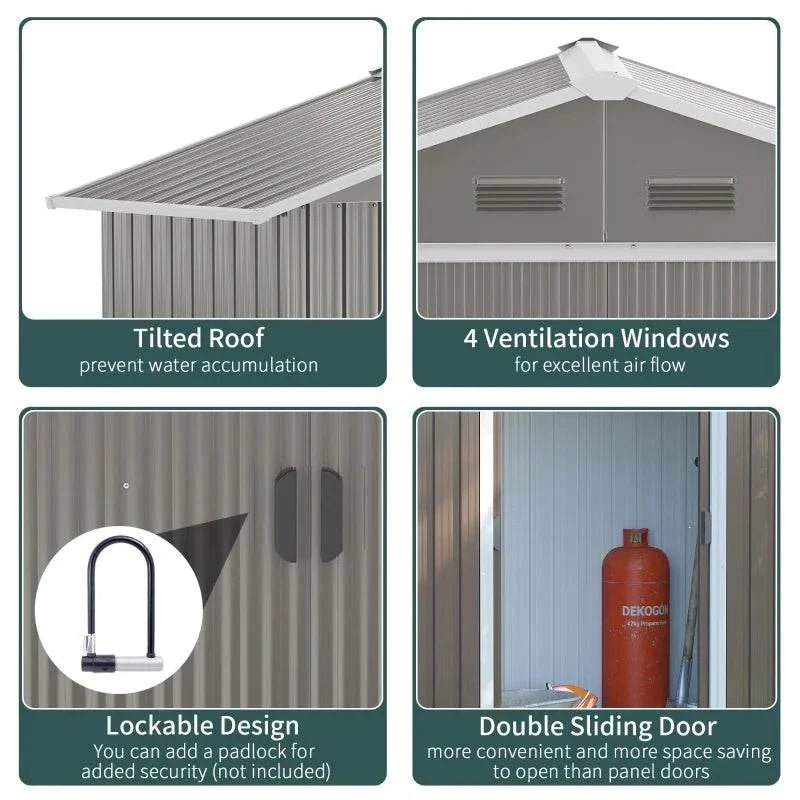 Metal garden storage shed feature panel: tilted roof, vents, lockable double doors