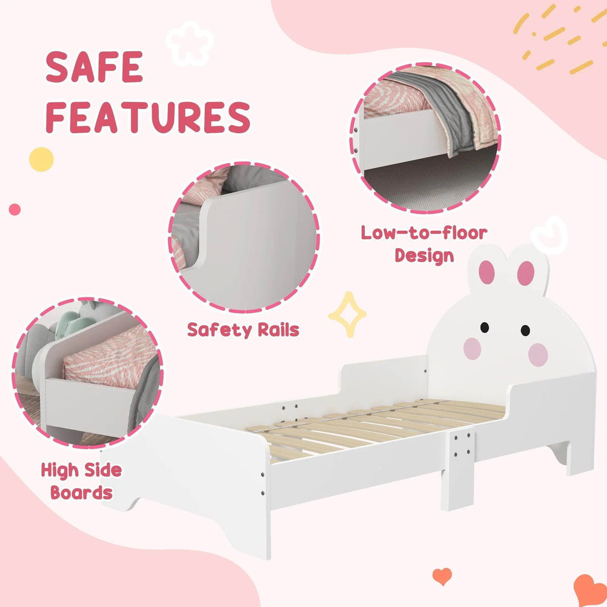 Kids low-to-floor bed with safety rails and high side boards, bunny design