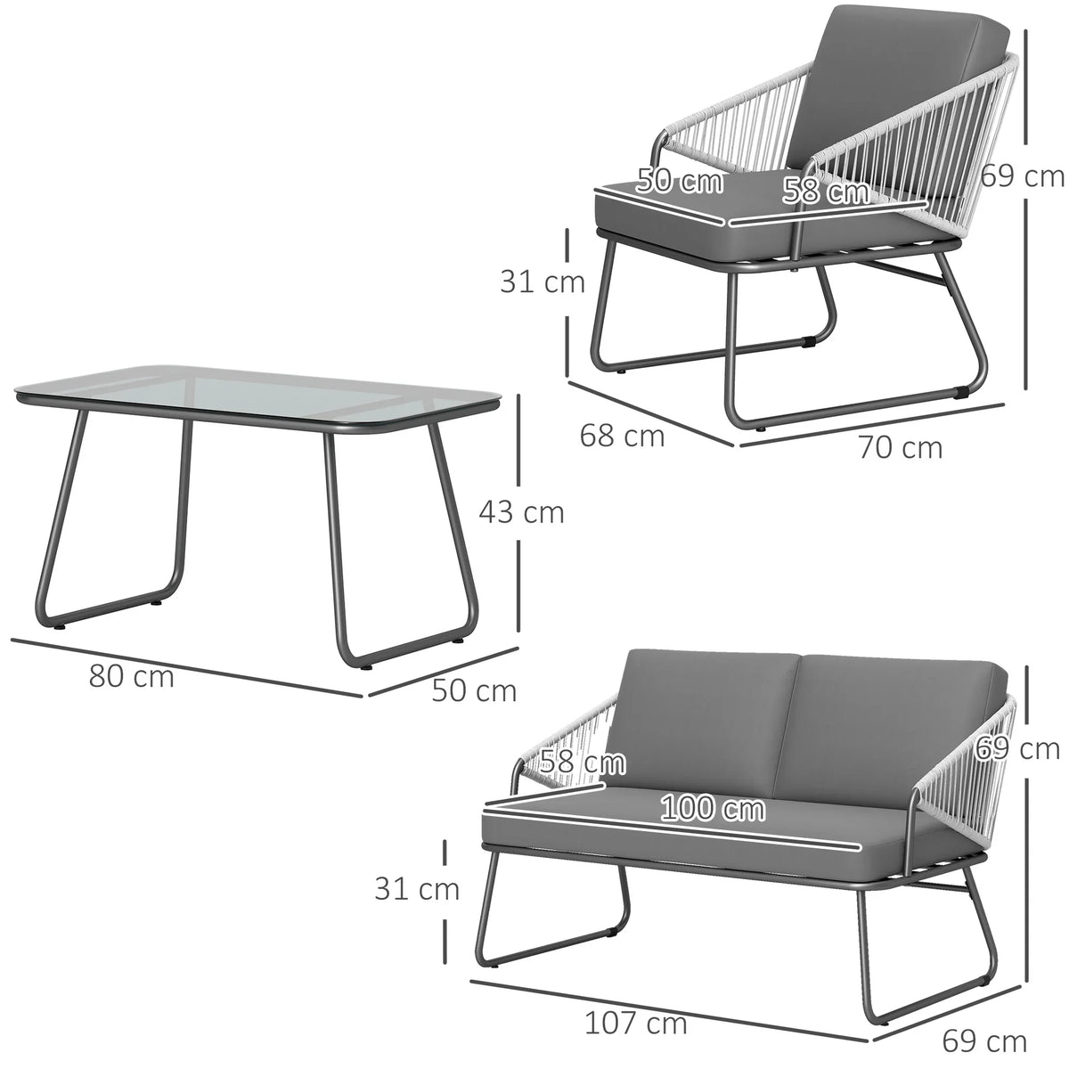Grey outdoor loveseat and chairs with steel frames, plus glass-top coffee table (dimensions)