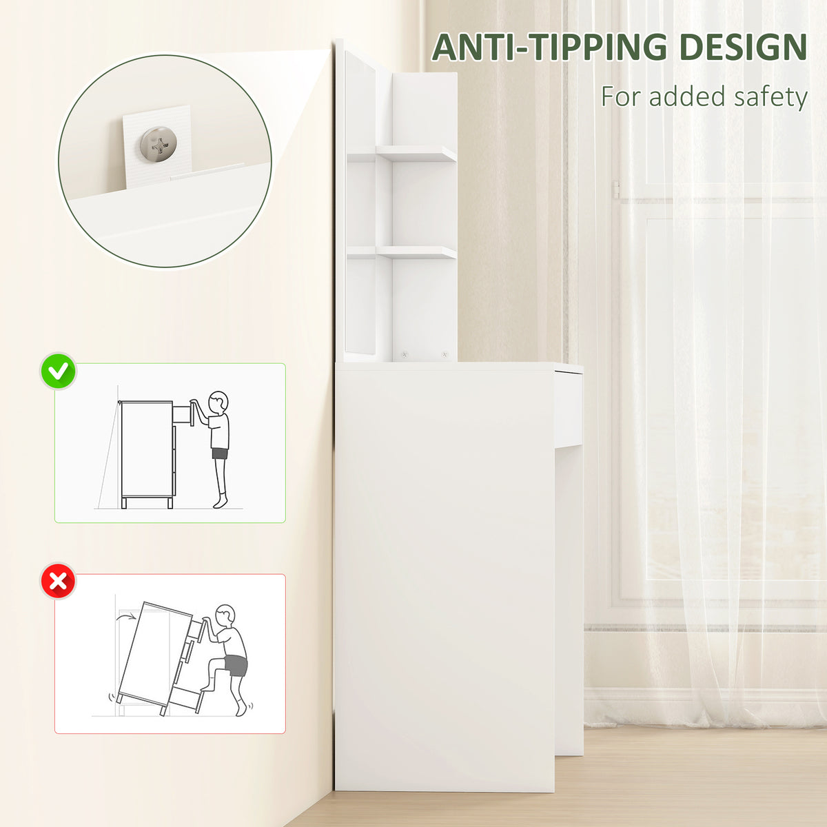 White dressing table vanity with anti-tipping design and wall-anchoring bracket