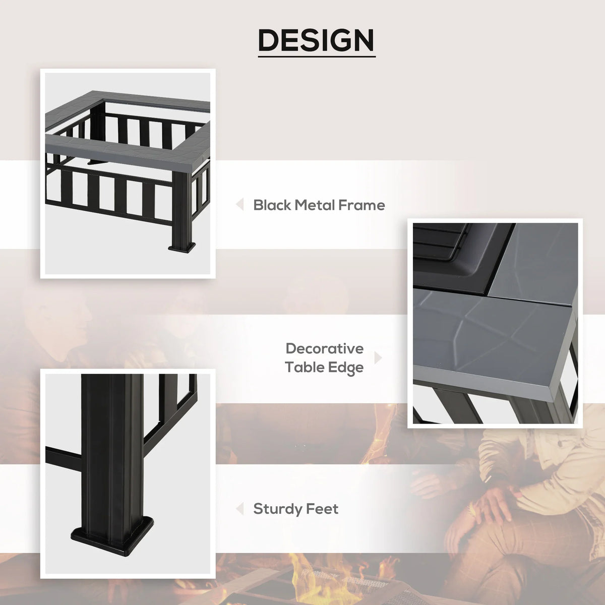 Black outdoor fire pit with decorative tabletop edge and sturdy feet