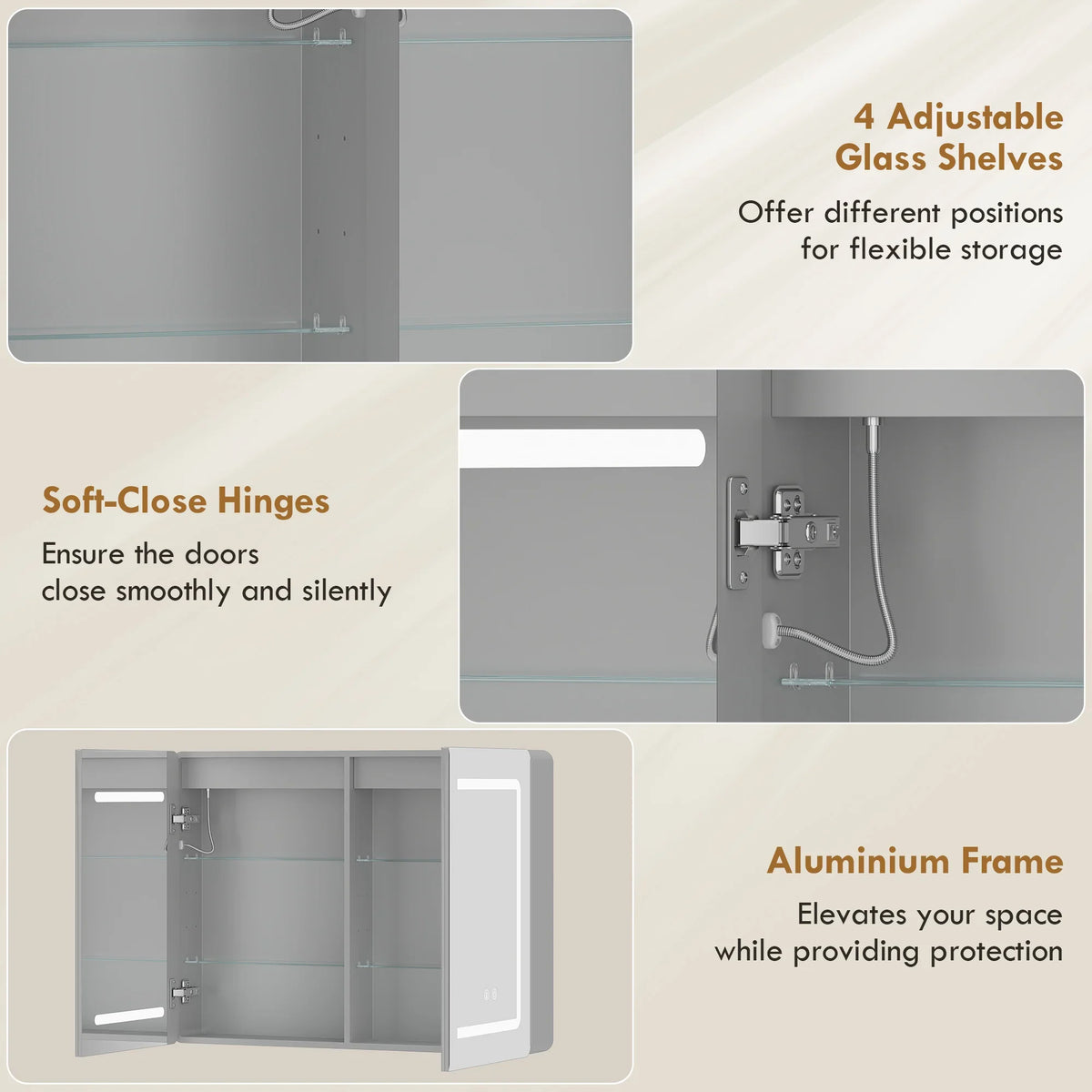 Bathroom mirror cabinet with soft-close hinges and adjustable glass shelving