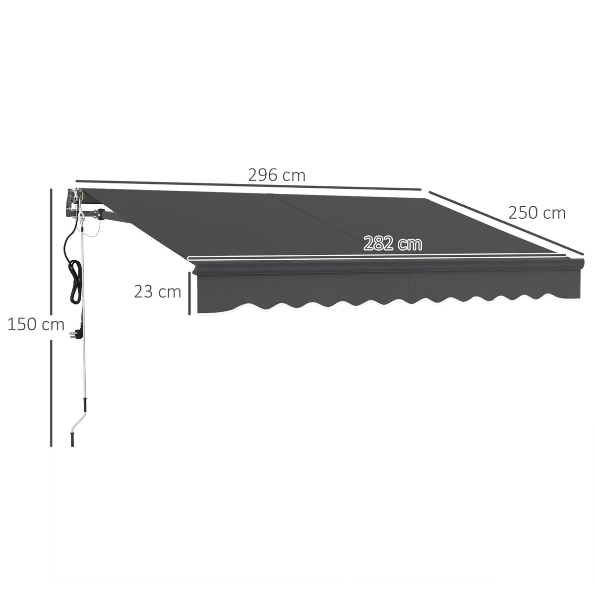 Electric retractable awning side diagram with labeled measurements and pull cord