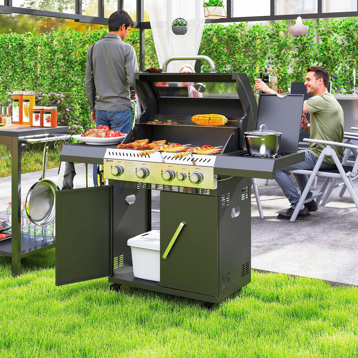 Gas BBQ grill with clear lid, side tables, cabinet storage, and wheels in green housing