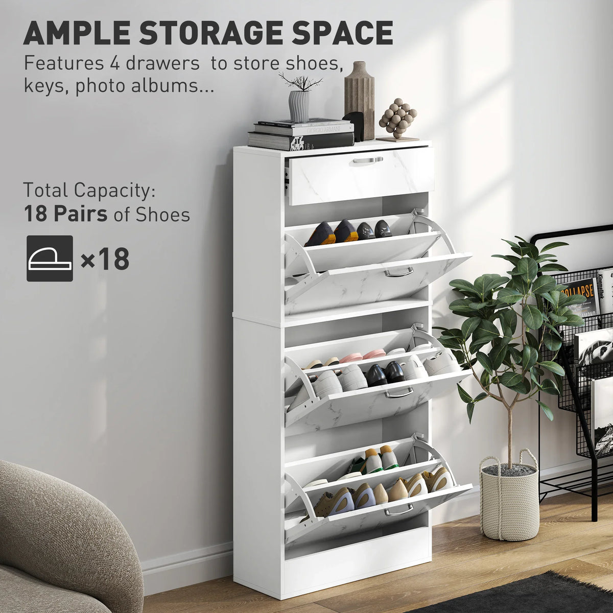 White shoe storage cabinet with multiple flip drawers and open shoe racks, tall design