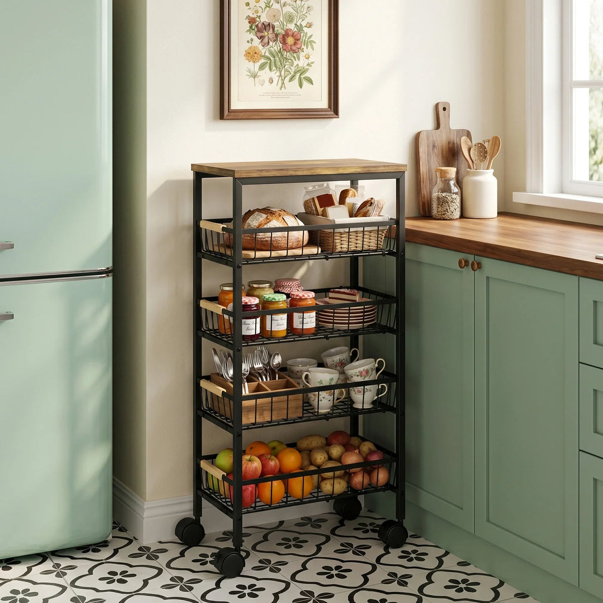 4-tier metal kitchen trolley with pull-out wire baskets and swivel casters, rustic brown top.