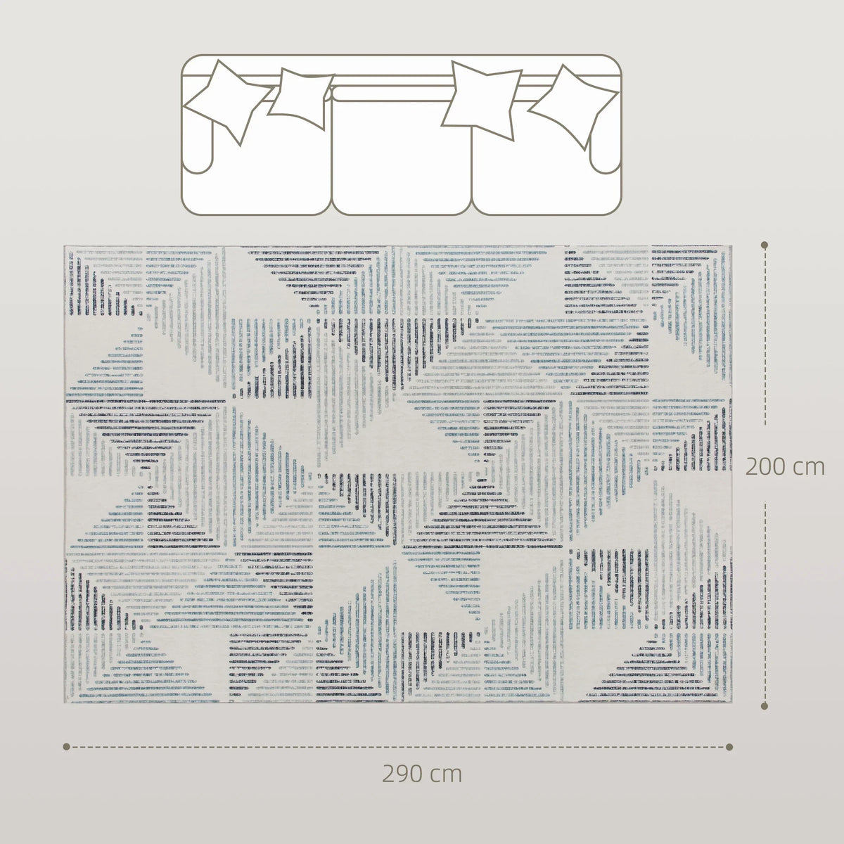 Geometric patterned area rug, white with blue-gray diamond and stripe blocks, 290 x 200 cm