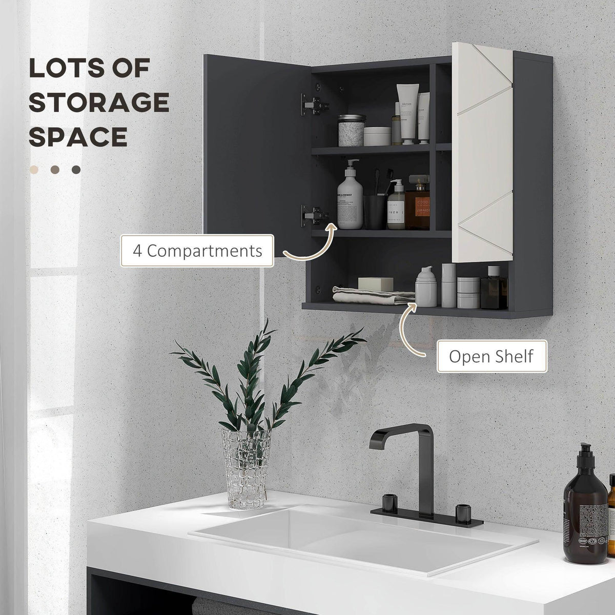 Wall-mounted bathroom cabinet with open door, 4 compartments and top open shelf