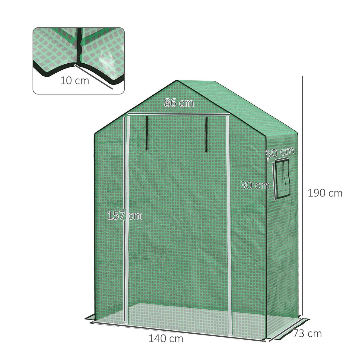 Green PE walk-in greenhouse cover with roll-up door and mesh window, 140x73x190cm
