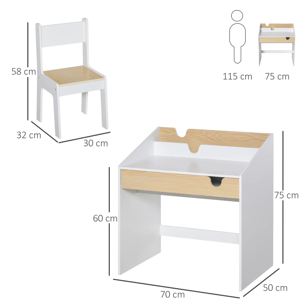 Kids desk and chair set with white chair and light wood drawer front, with labeled dimensions