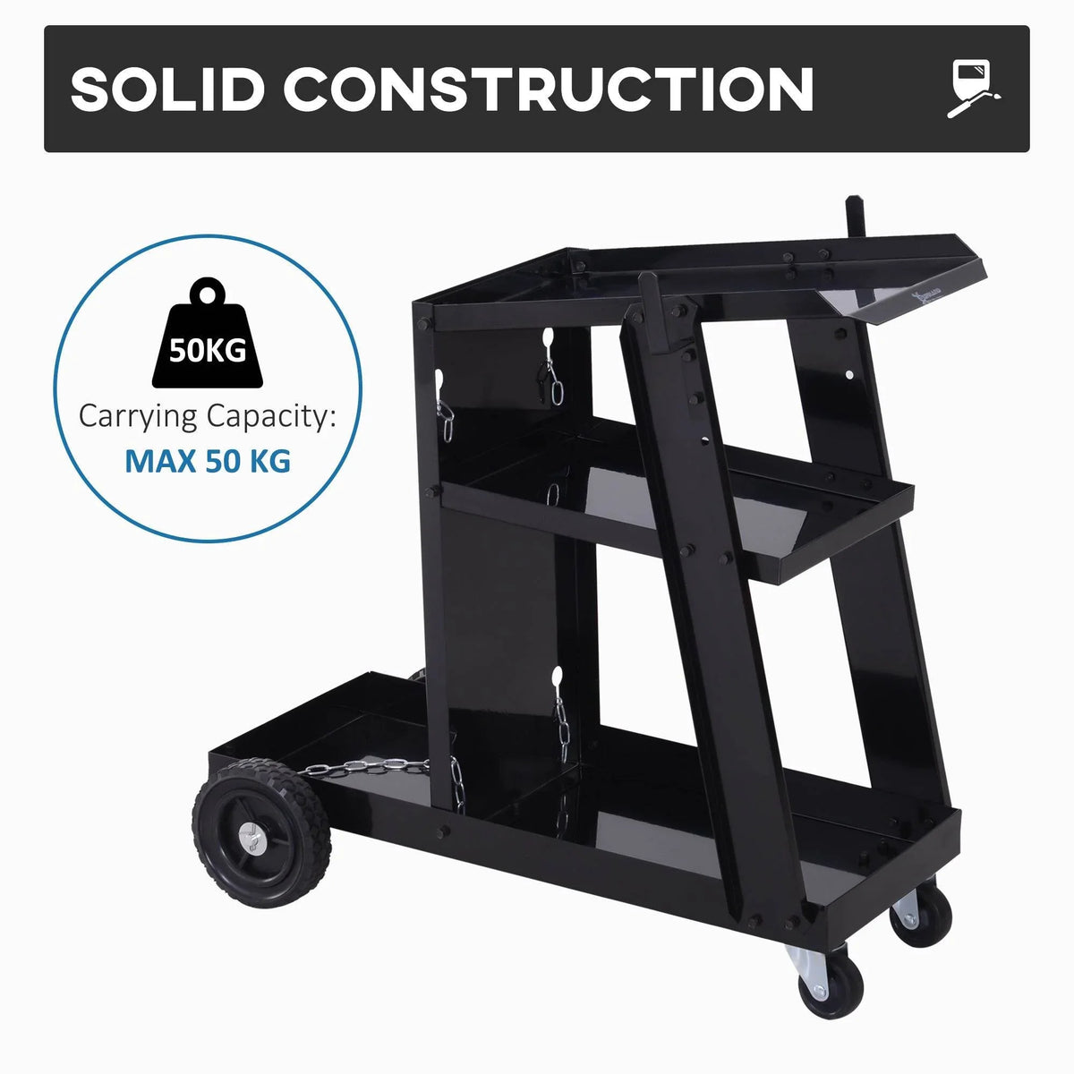 Black heavy-duty welding trolley cart with three tiers and safety chains on caster wheels