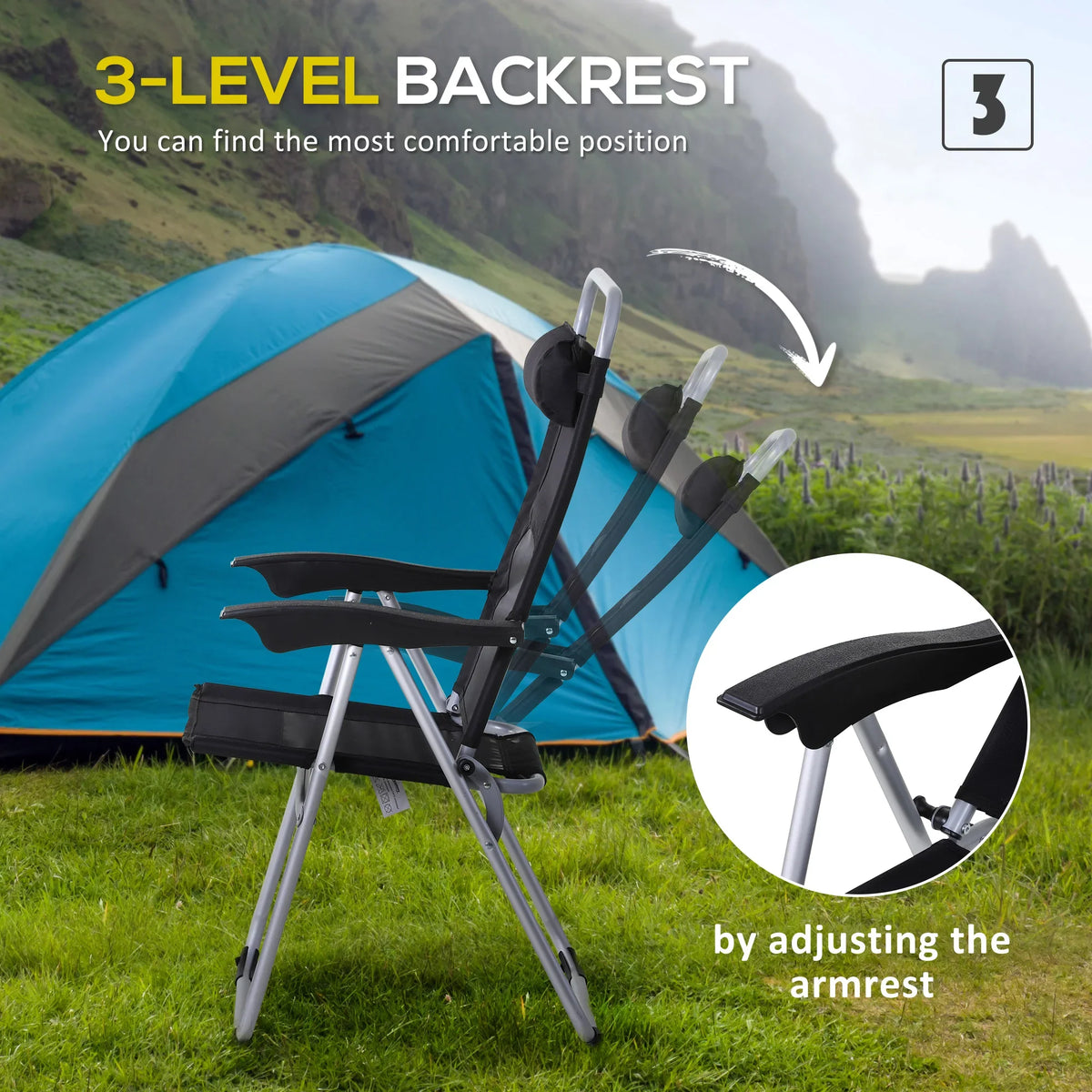 Folding camping chair with multi-position backrest and padded armrests, black mesh seat