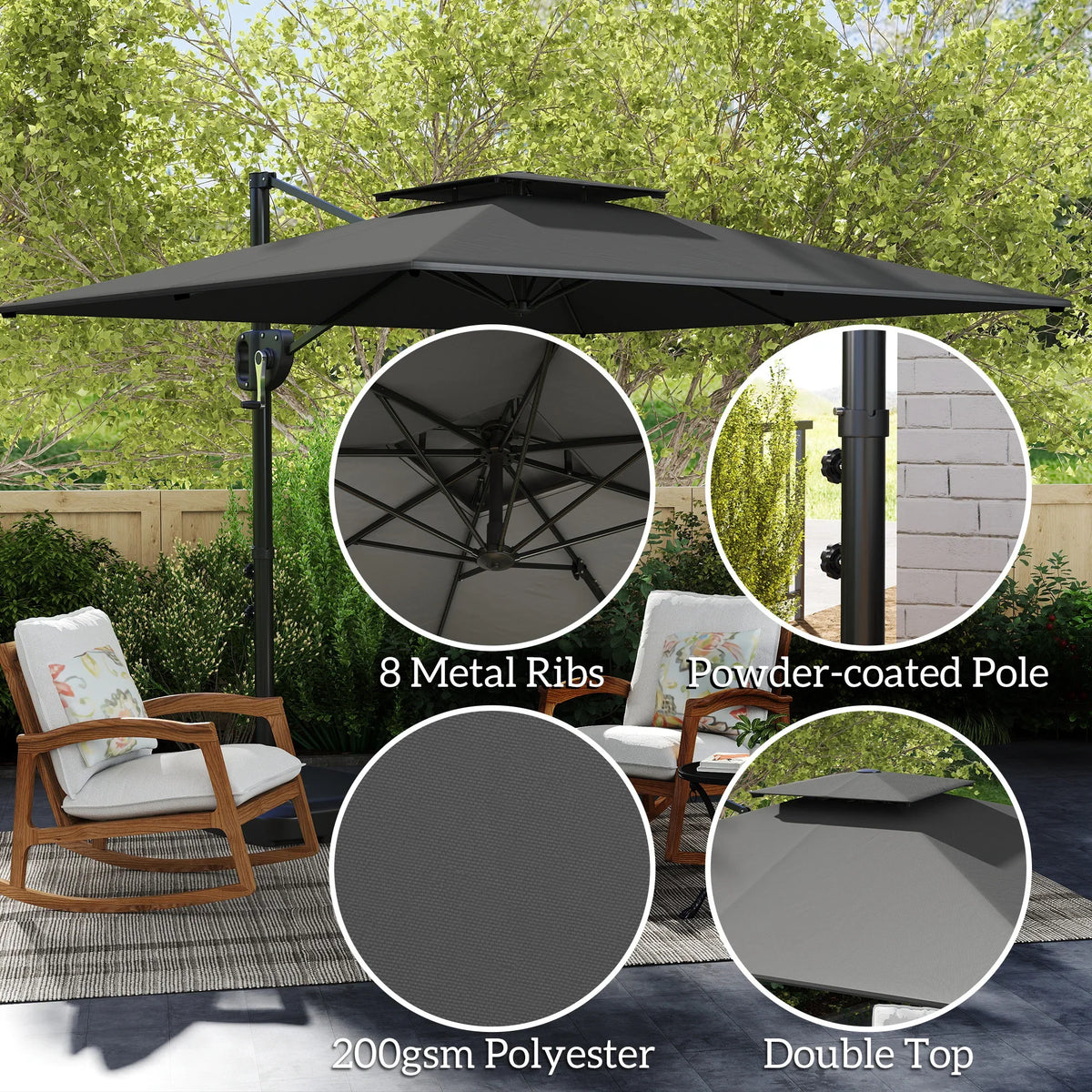 Double-top dark grey parasol canopy with metal ribs and polyester fabric