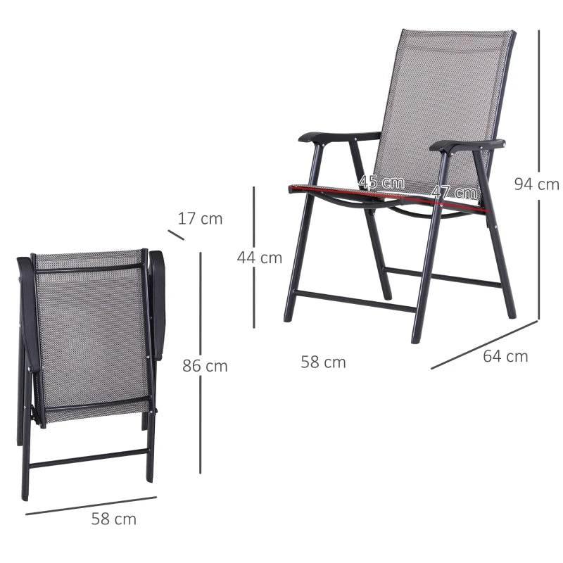 Folding garden chair with grey mesh seat and back; dimension diagram for sizing