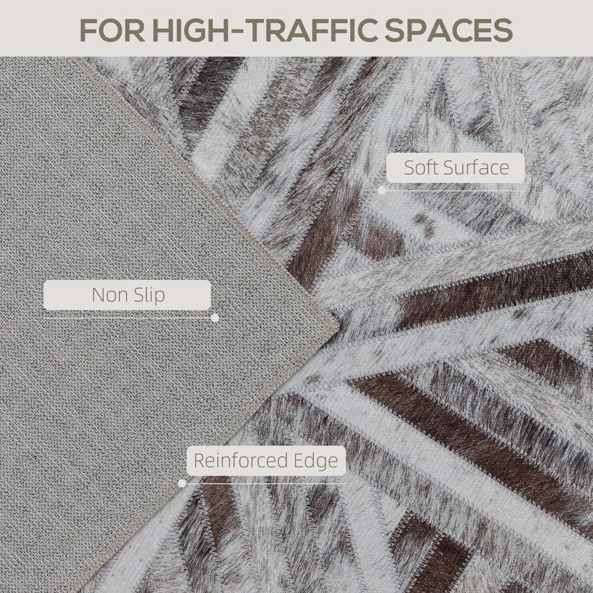 Triangle-pattern area rug close-up with non-slip backing and reinforced edge