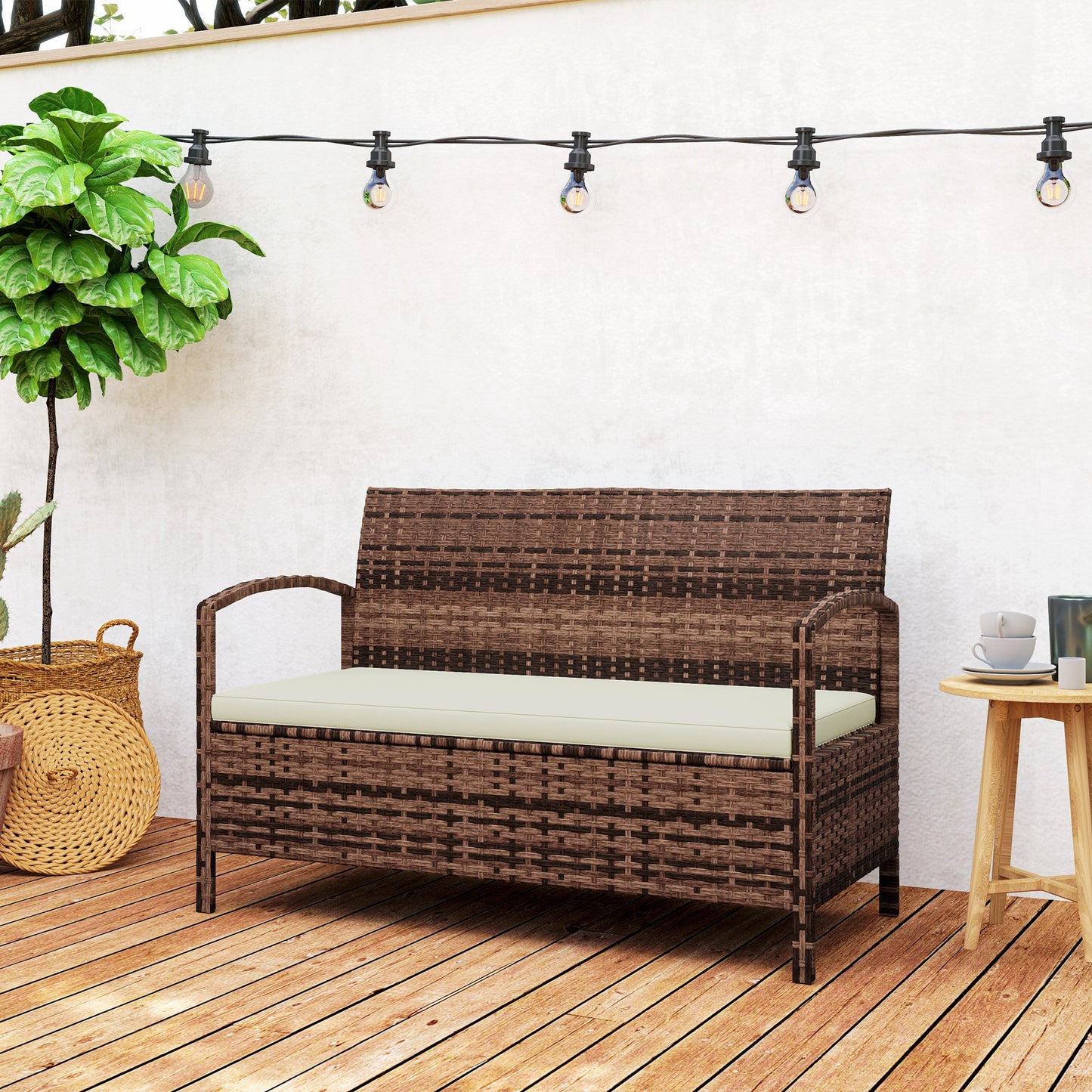 Outsunny 125L Storage Garden Bench With Cushion Brown Rattan Outdoor Two In One Design