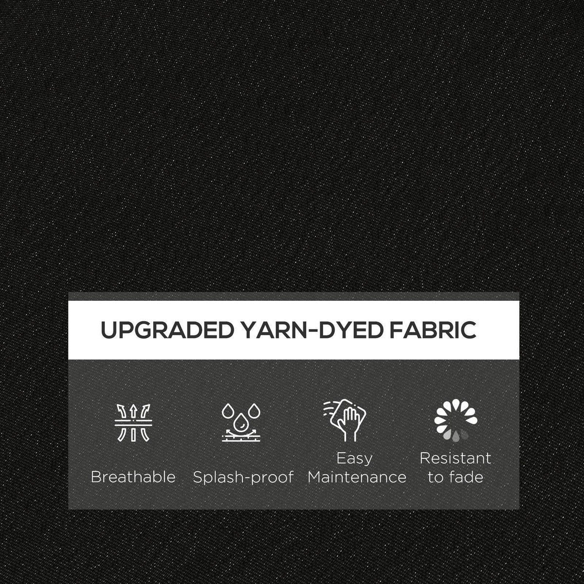 Black woven cushion fabric with yarn-dyed upgrade and water/droplet icons