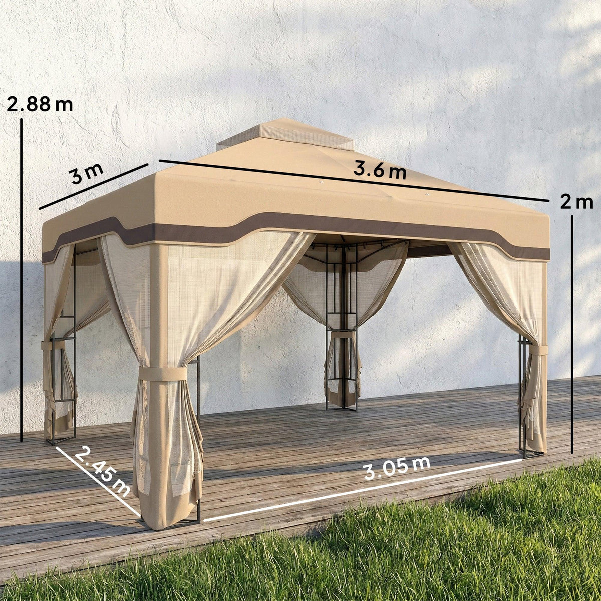 Outdoor garden gazebo canopy with mesh curtains and open side view, khaki top