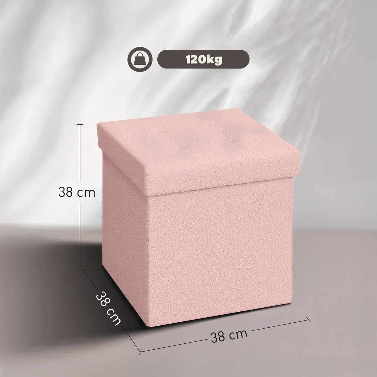 Pink sherpa fleece storage ottoman with square hinged lid and thick padding
