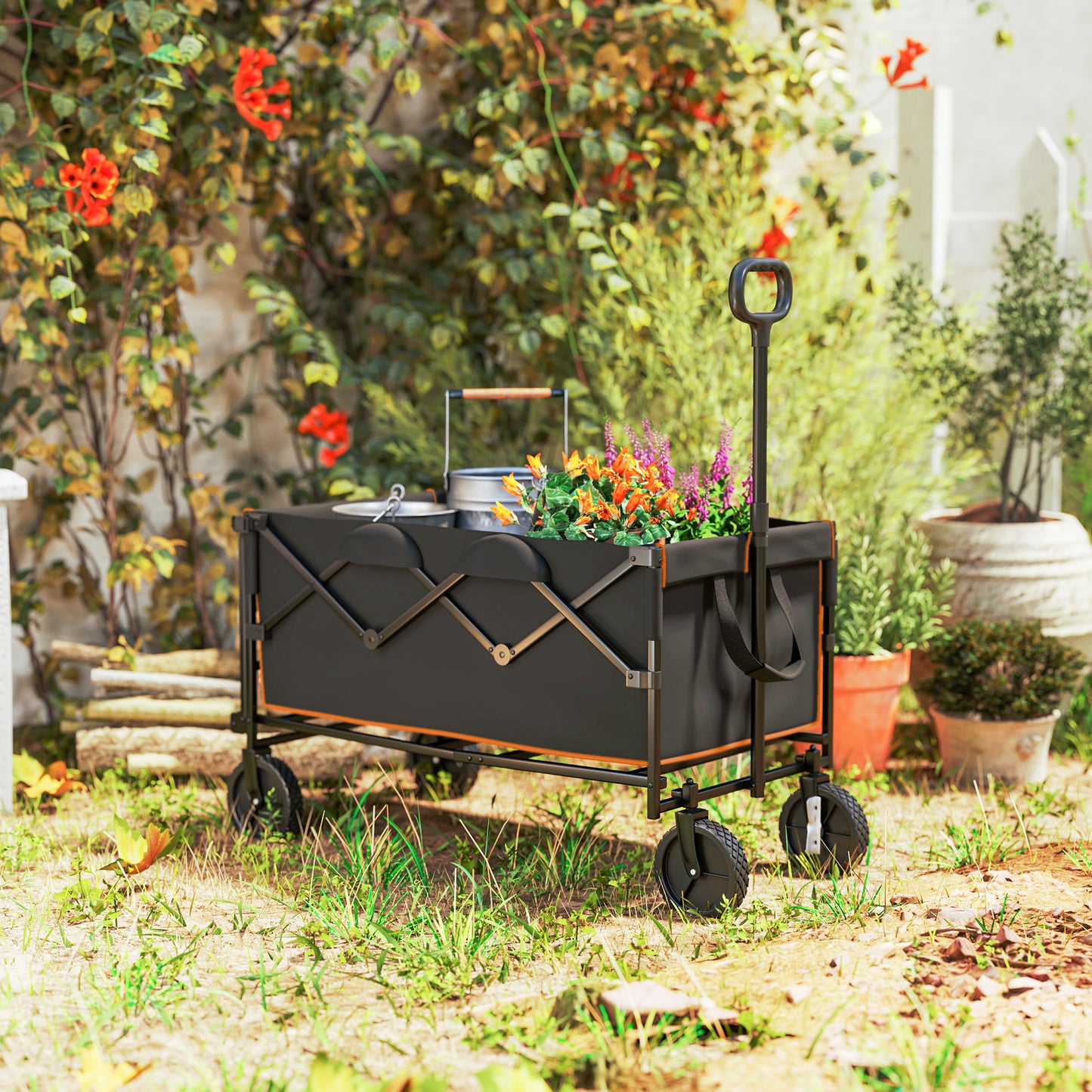 Outsunny 160L Festival Trolley On Wheels Folding Camping Cart With Tailgate 100kg Carry Bag Black And Orange