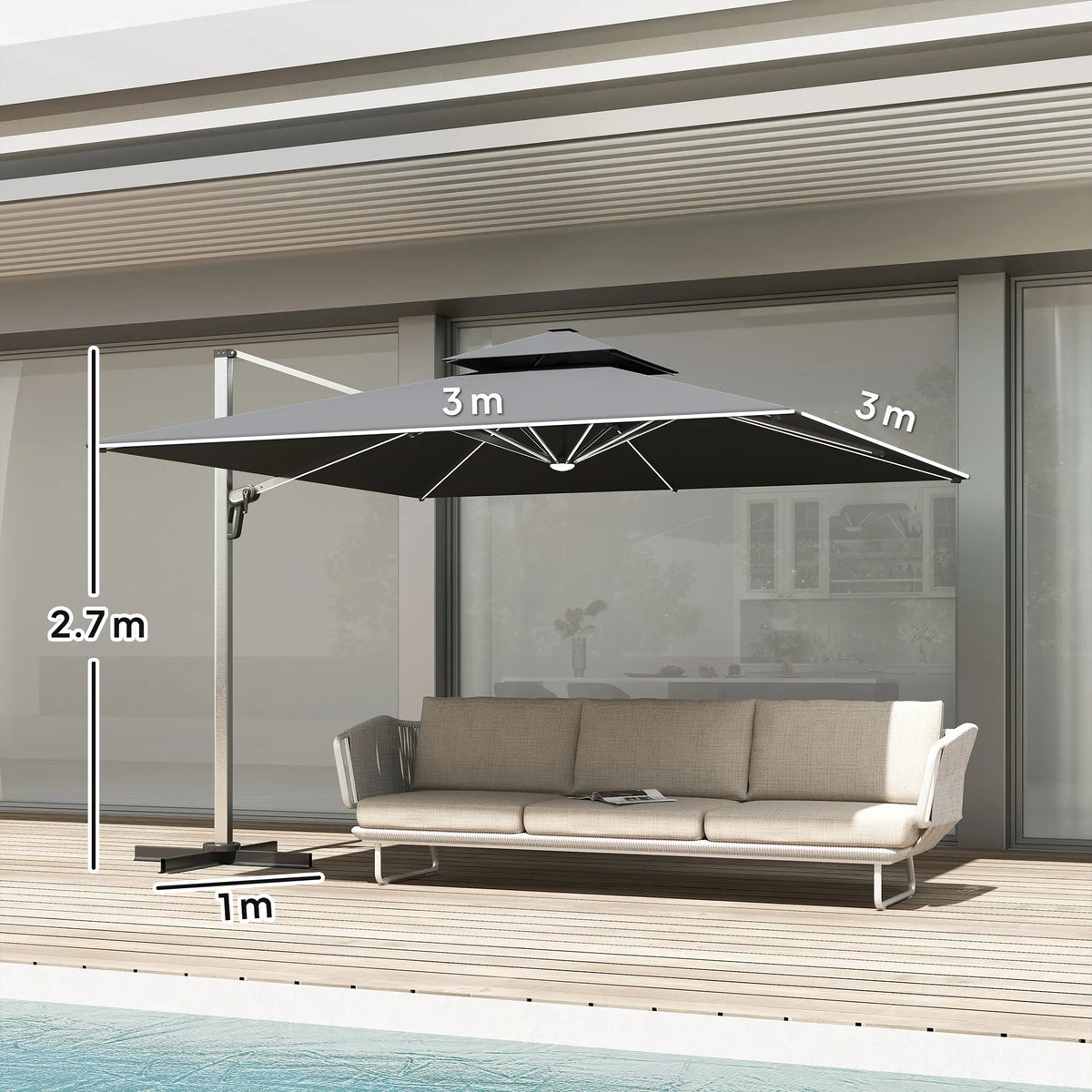 Grey cantilever parasol with crank-tilt open canopy and side support post