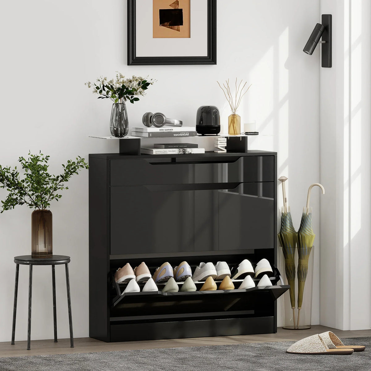Black narrow shoe storage cabinet with open shelves and tempered glass top
