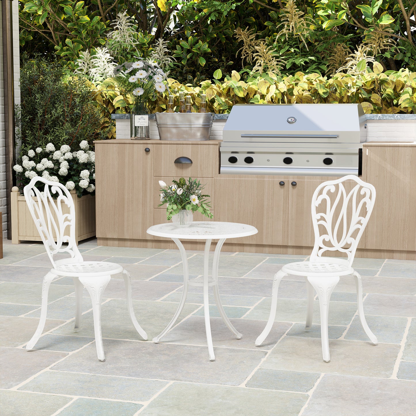 Outsunny 3 Piece Garden Bistro Set Cast Aluminium Outdoor Furniture With Umbrella Hole For Balcony Porch Patio White
